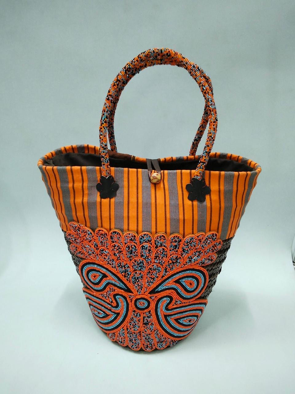 Orange Striped Butterfly Beaded Tote Bag