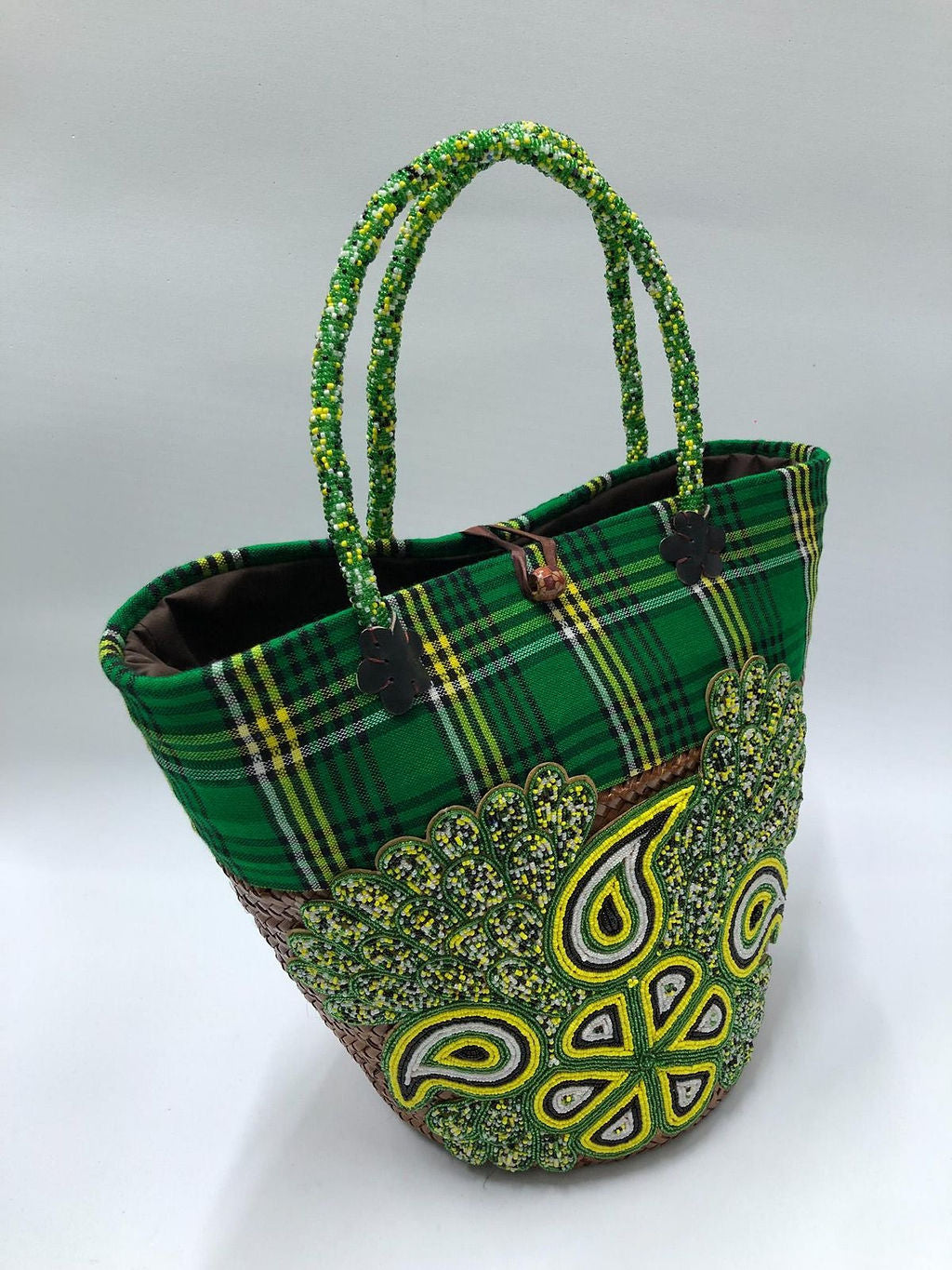 Green Plaid & Paisley Beaded Tote Bag