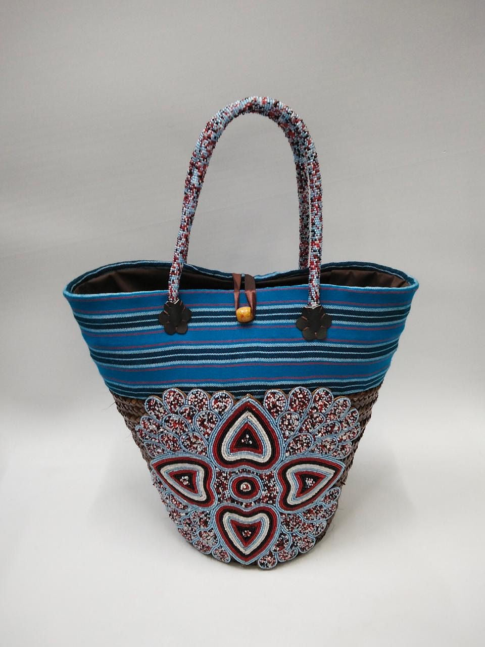 Ankara Heart & Blue Striped Tote Bag with Beaded Handles