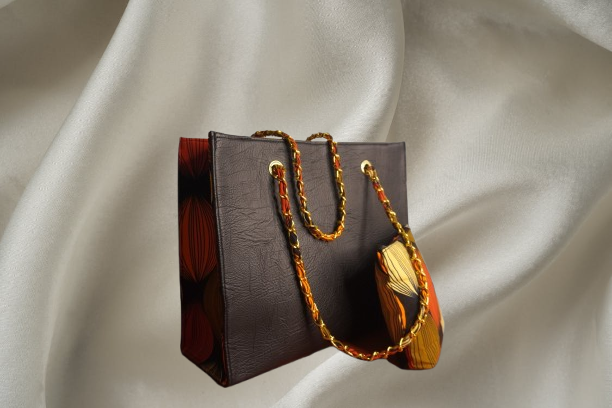 Faux Leather Ankara Heritage Tote Bag - Brown & Orange Geometric