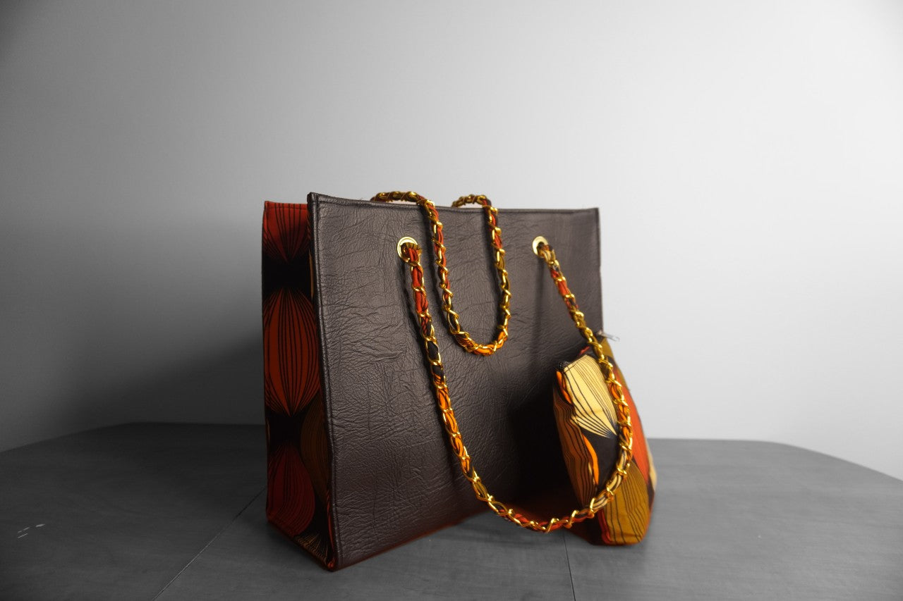 Faux Leather Ankara Heritage Tote Bag - Brown & Orange Geometric