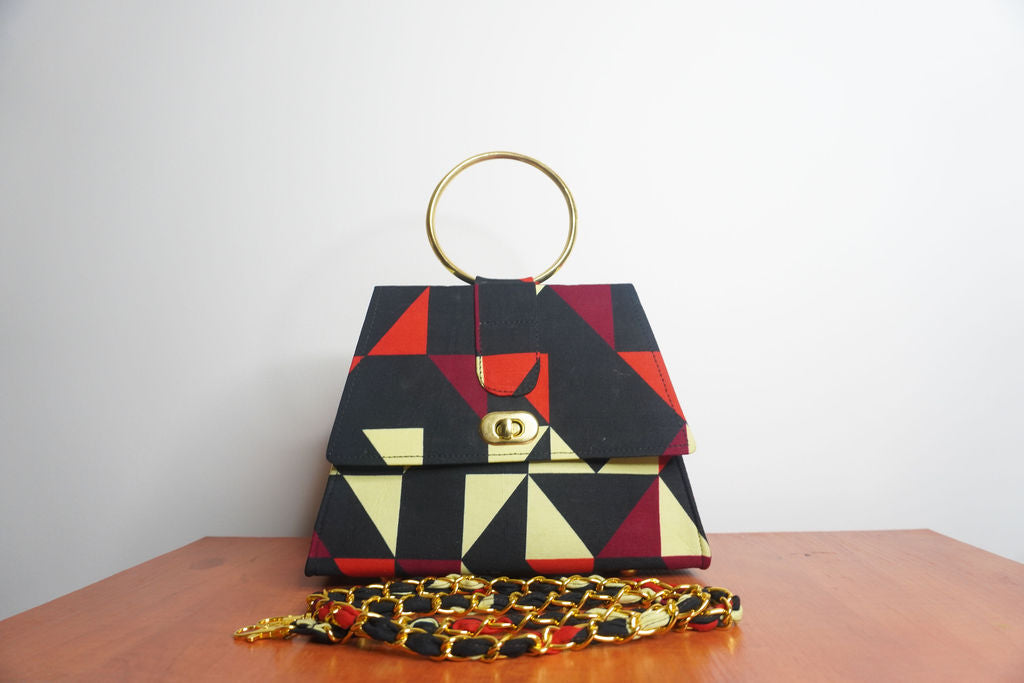 Bold Geometric Ankara Clutch with Ring Handle