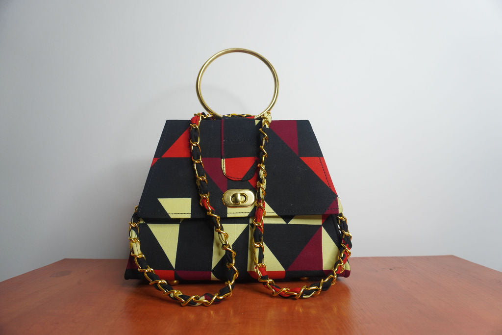 Bold Geometric Ankara Clutch with Ring Handle