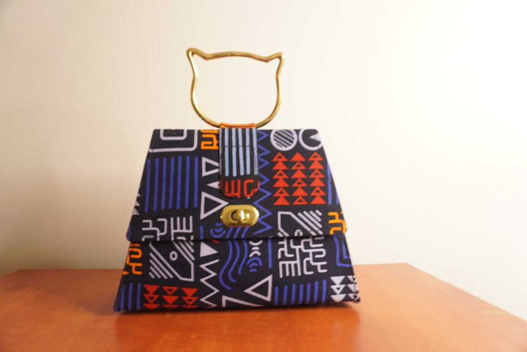 Geometric Ankara Clutch with Cat Handle
