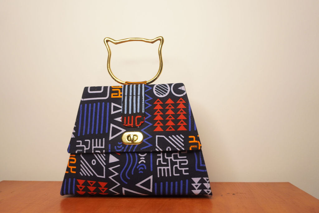 Geometric Ankara Clutch with Cat Handle