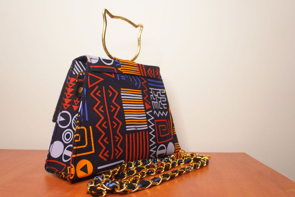 Geometric Ankara Clutch with Cat Handle