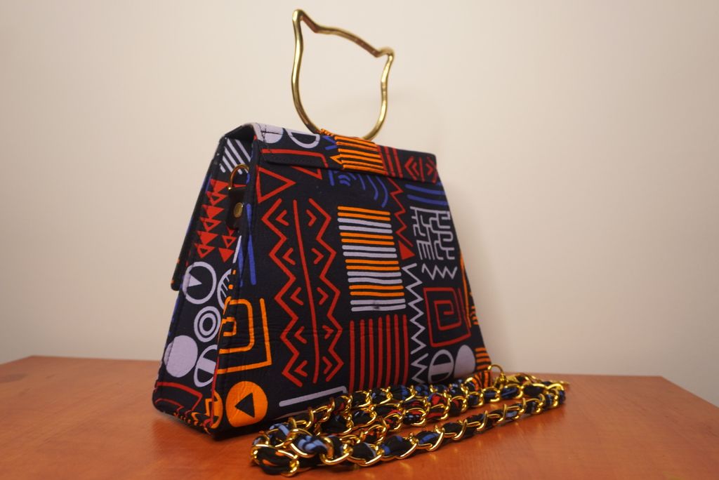 Geometric Ankara Clutch with Cat Handle
