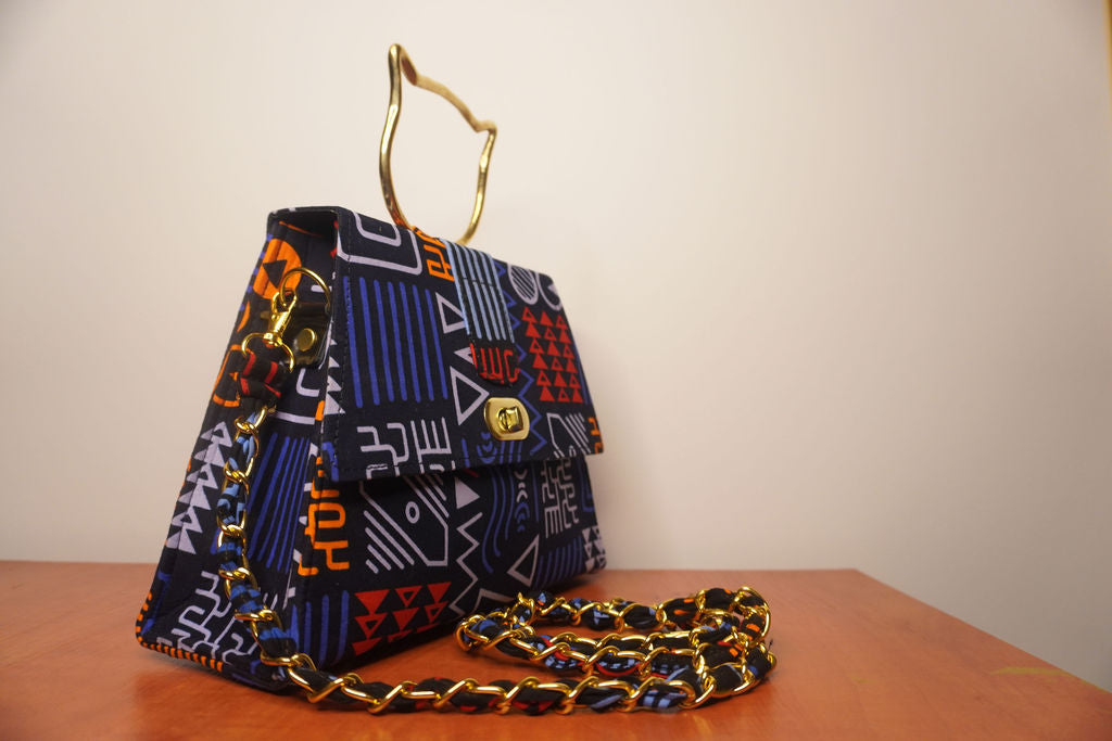 Geometric Ankara Clutch with Cat Handle