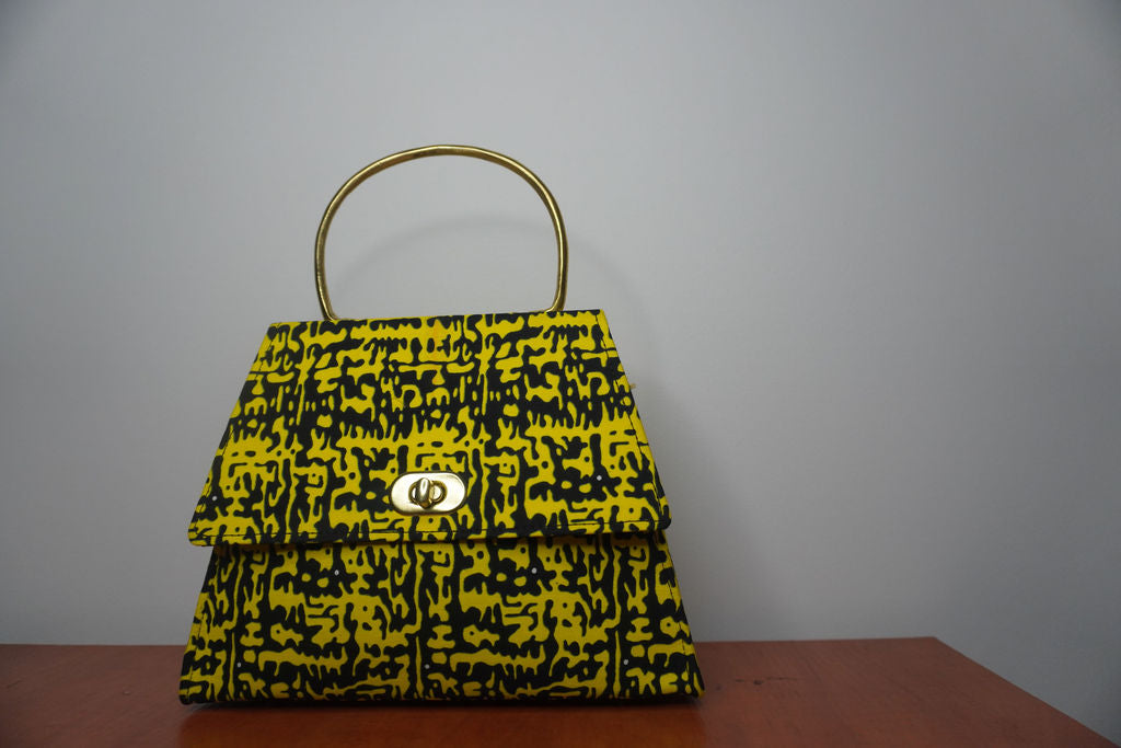 Neon Yellow Ankara Clutch with Curved Handle