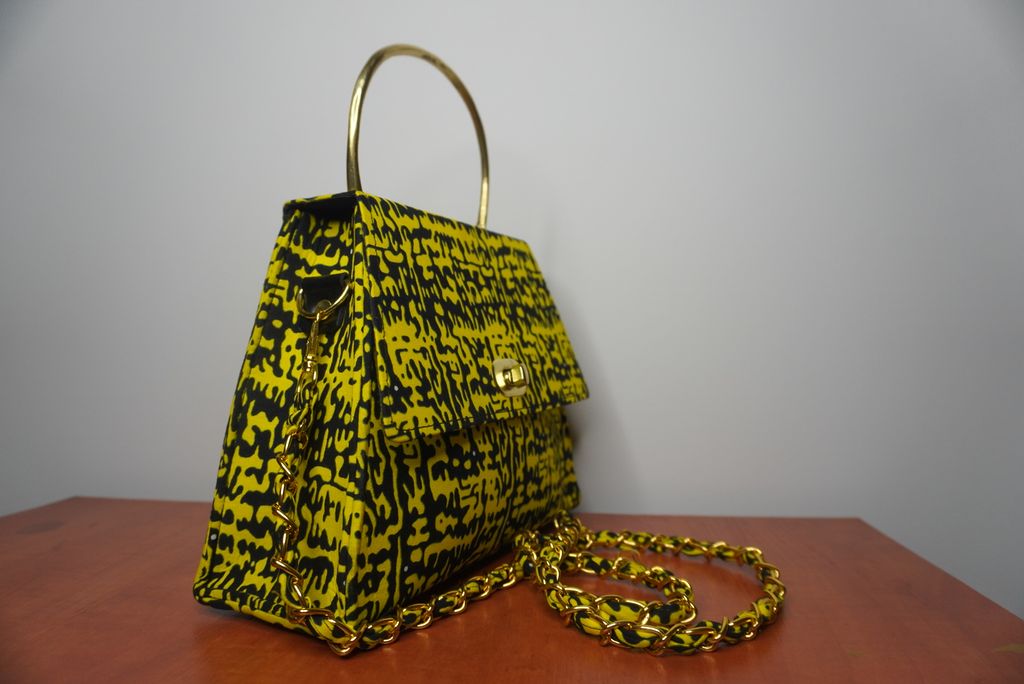 Neon Yellow Ankara Clutch with Curved Handle