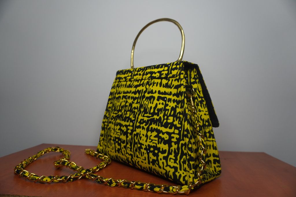 Neon Yellow Ankara Clutch with Curved Handle