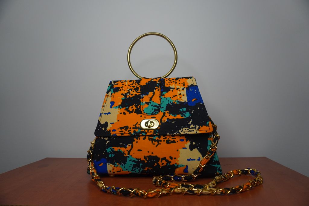 Ankara Abstract Art Clutch Bag - Orange & Turquoise with Chain