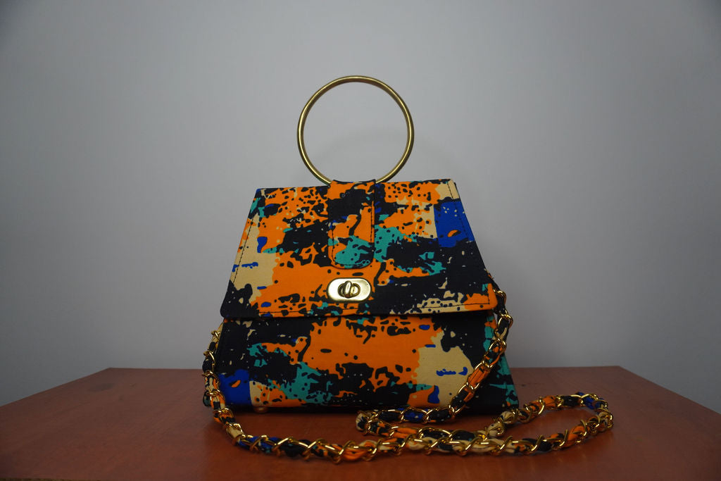 Ankara Abstract Art Clutch Bag - Orange & Turquoise with Chain