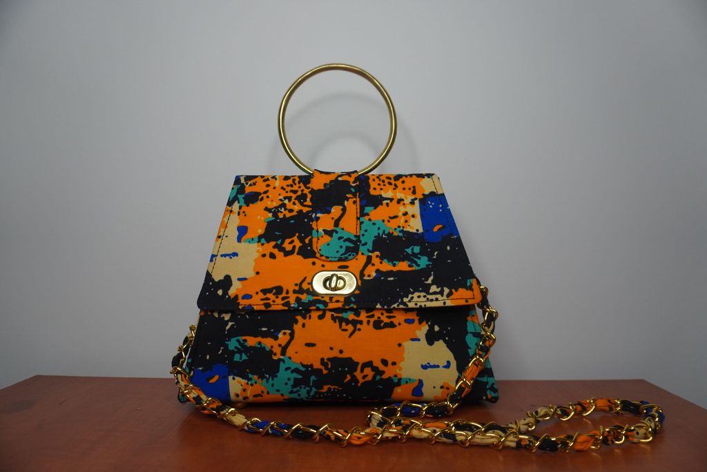 Ankara Abstract Art Clutch Bag - Orange & Turquoise with Chain