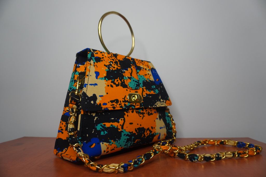 Ankara Abstract Art Clutch Bag - Orange & Turquoise with Chain