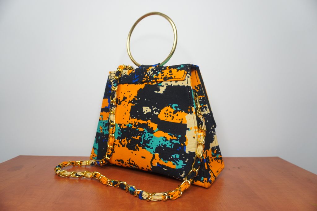 Ankara Abstract Art Clutch Bag - Orange & Turquoise with Chain