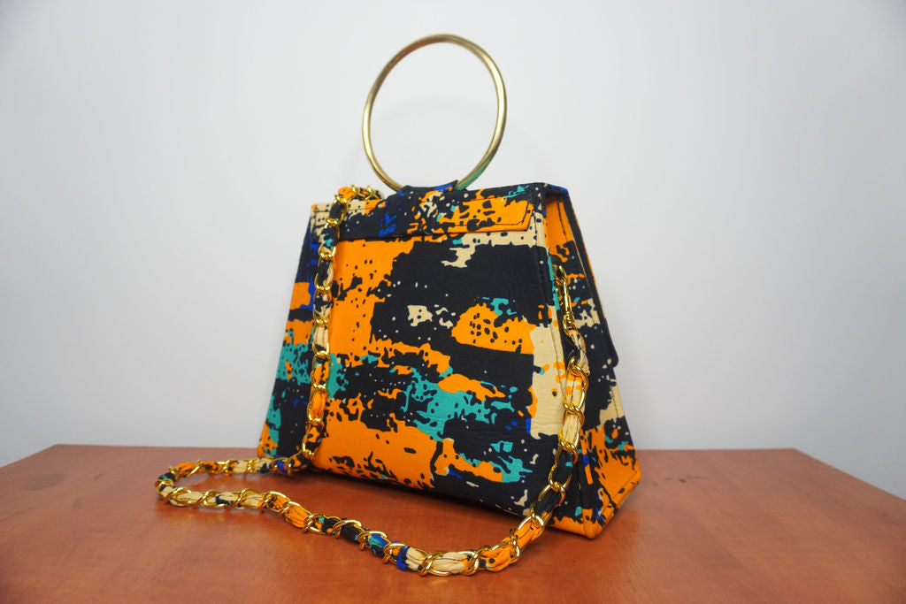 Ankara Abstract Art Clutch Bag - Orange & Turquoise with Chain