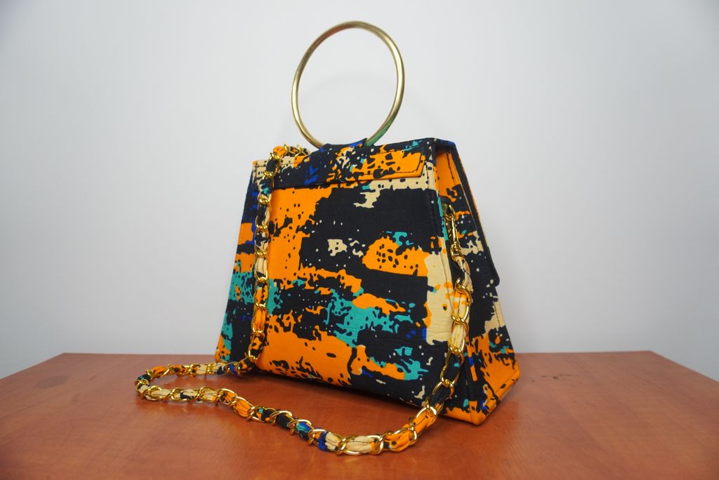 Ankara Abstract Art Clutch Bag - Orange & Turquoise with Chain