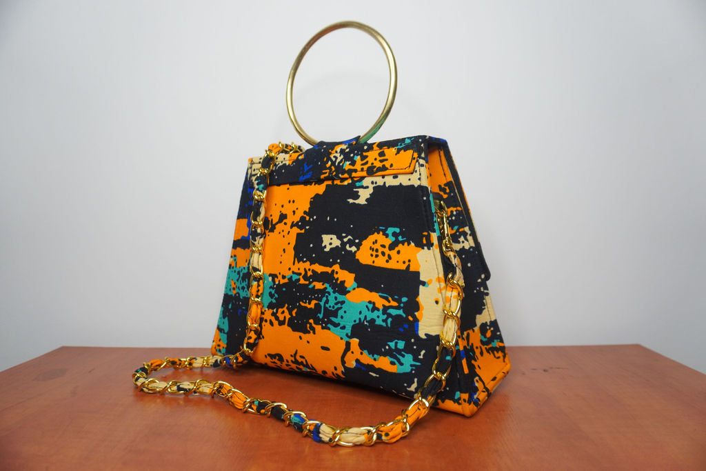 Ankara Abstract Art Clutch Bag - Orange & Turquoise with Chain