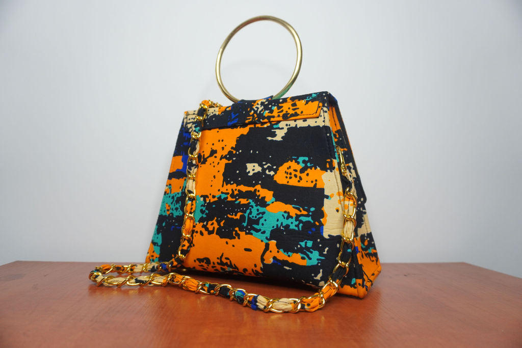 Ankara Abstract Art Clutch Bag - Orange & Turquoise with Chain