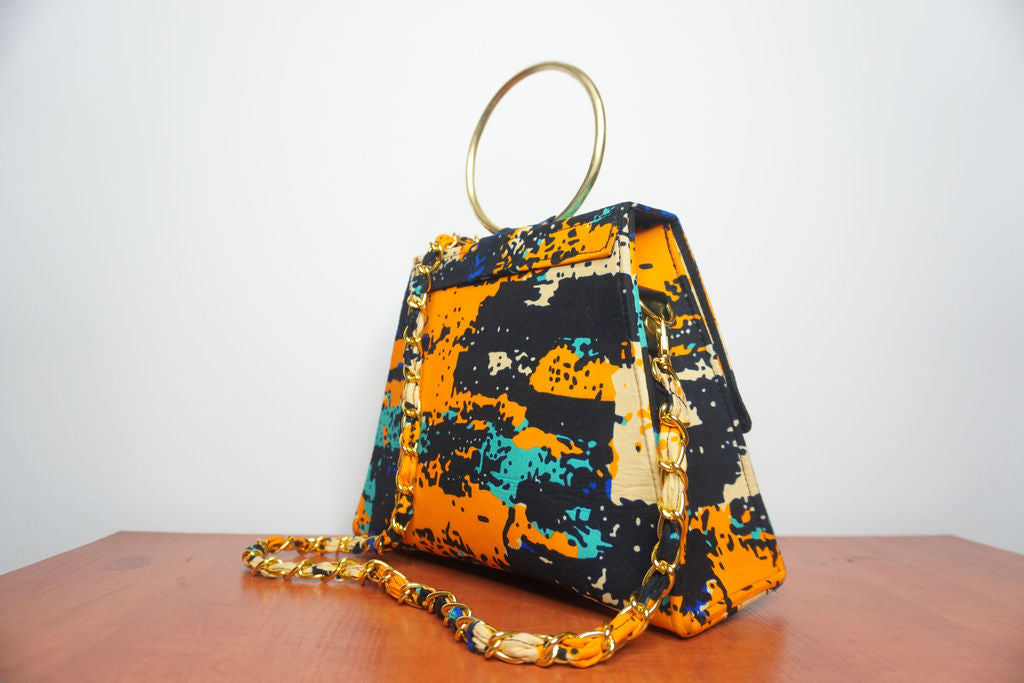 Ankara Abstract Art Clutch Bag - Orange & Turquoise with Chain