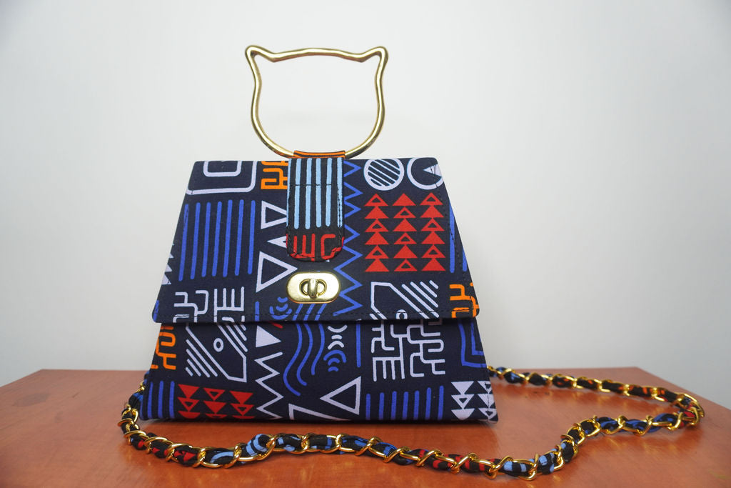 Geometric Ankara Clutch with Cat Handle