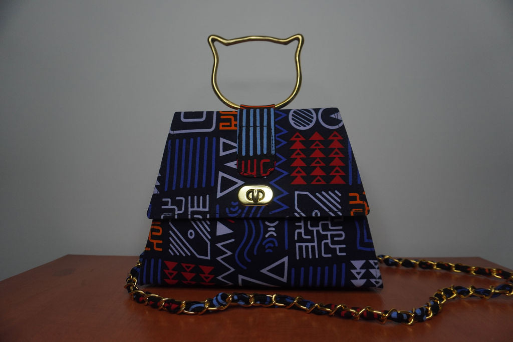 Geometric Ankara Clutch with Cat Handle
