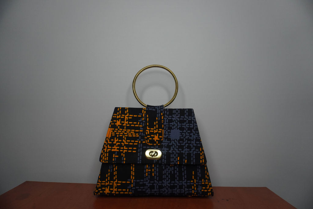 Orange and Grey Ankara Clutch with Ring Handle