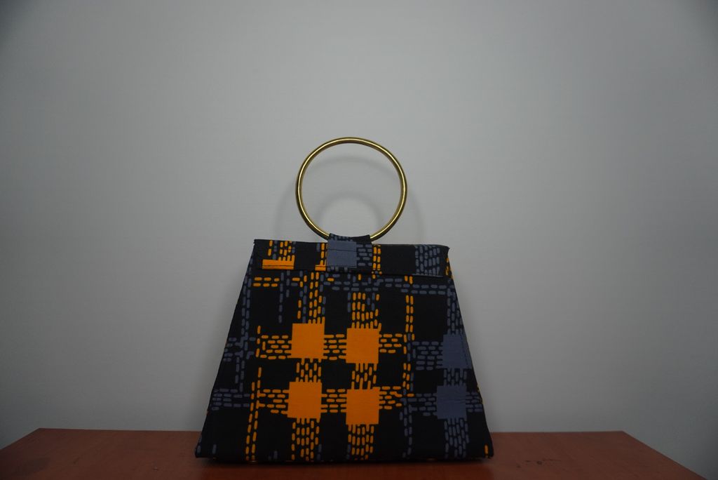 Orange and Grey Ankara Clutch with Ring Handle