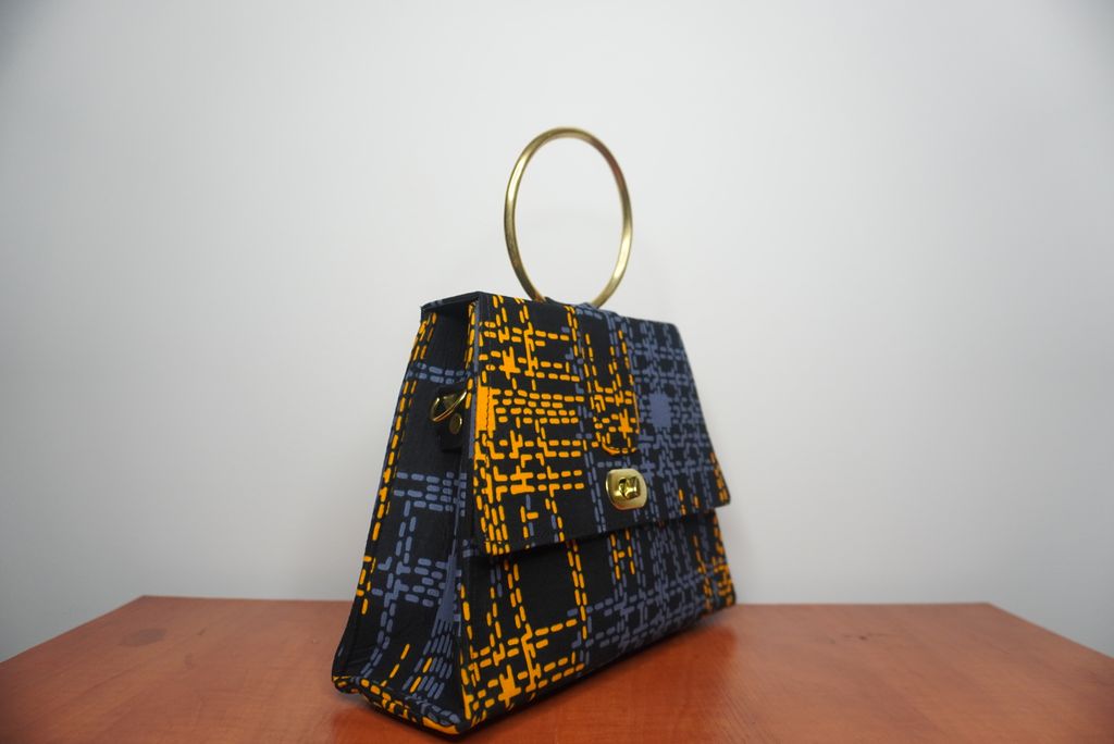 Orange and Grey Ankara Clutch with Ring Handle