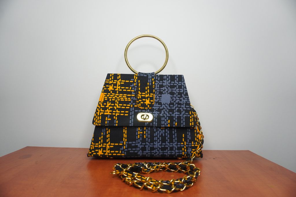 Orange and Grey Ankara Clutch with Ring Handle