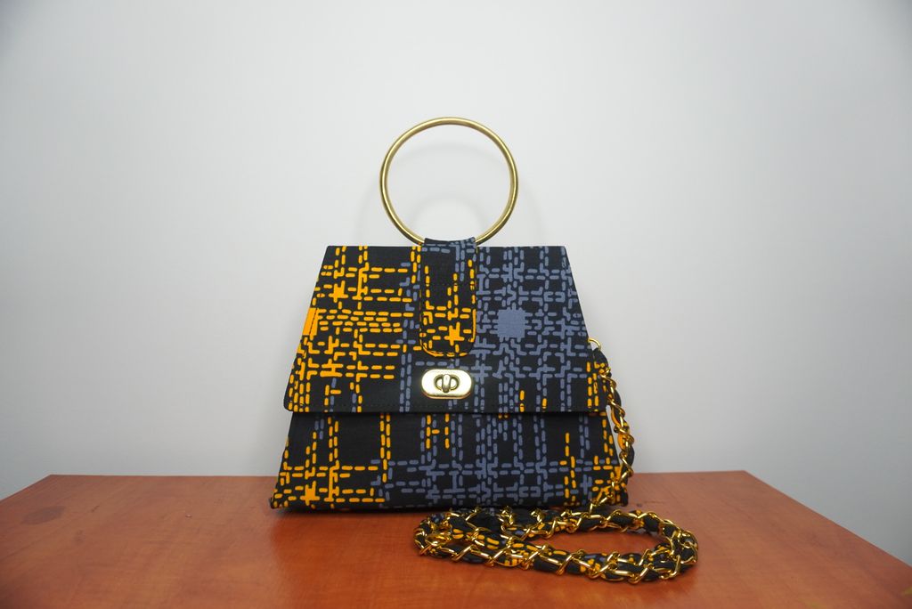 Orange and Grey Ankara Clutch with Ring Handle