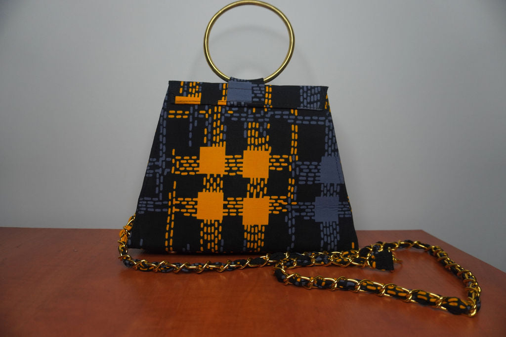 Orange and Grey Ankara Clutch with Ring Handle