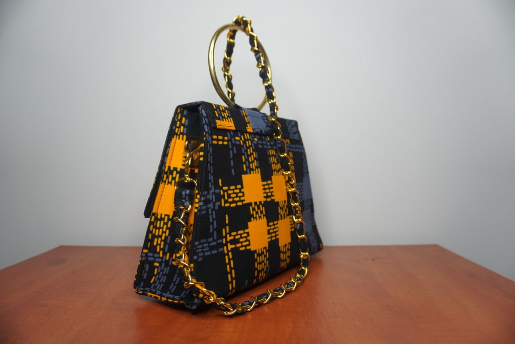 Orange and Grey Ankara Clutch with Ring Handle