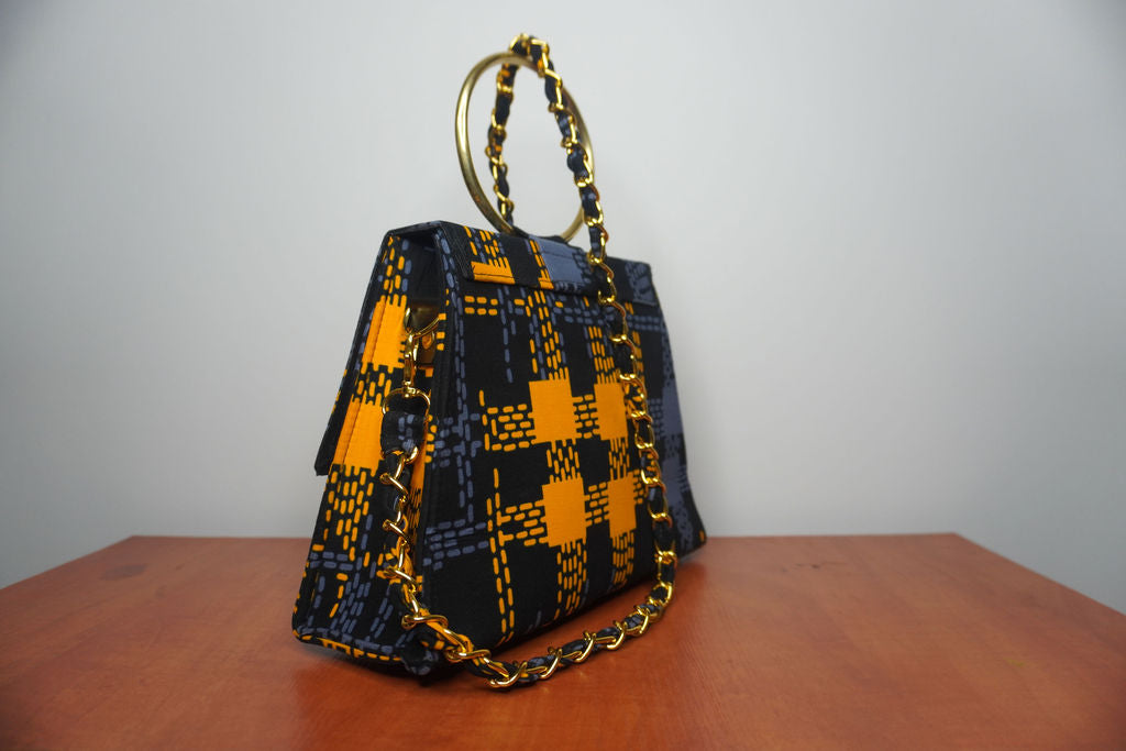 Orange and Grey Ankara Clutch with Ring Handle