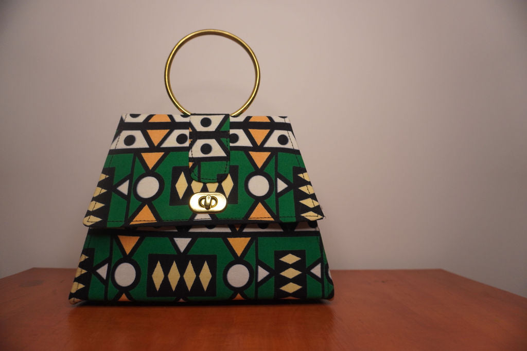 Emerald Green Ankara Clutch with Ring Handle