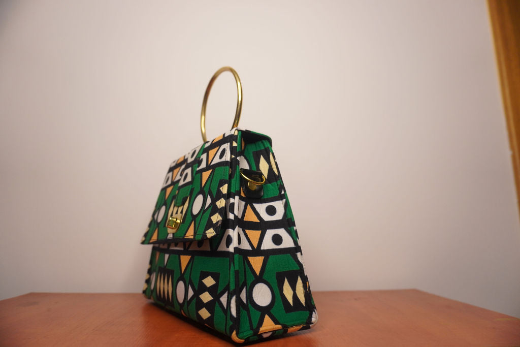 Emerald Green Ankara Clutch with Ring Handle