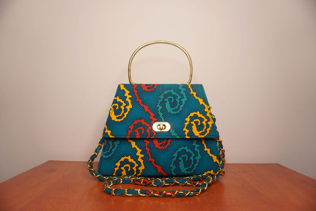 Teal Ankara Clutch with Floral Motifs