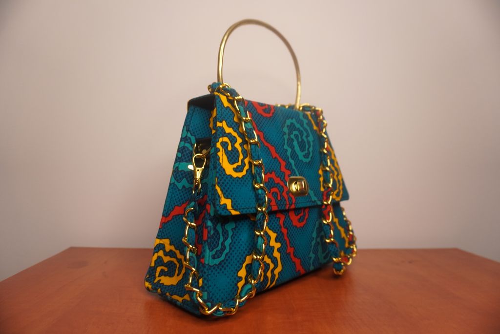 Teal Ankara Clutch with Floral Motifs