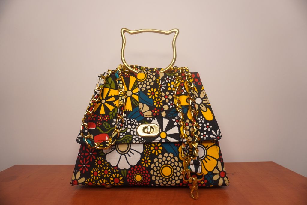 Floral Ankara Clutch with Cat Handle