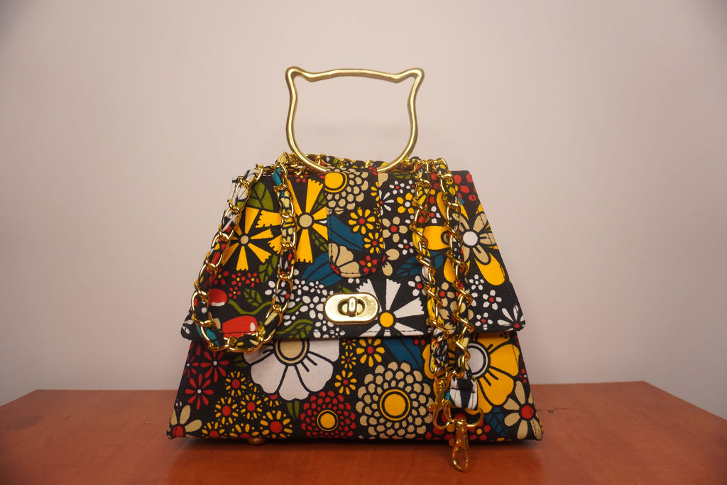 Floral Ankara Clutch with Cat Handle