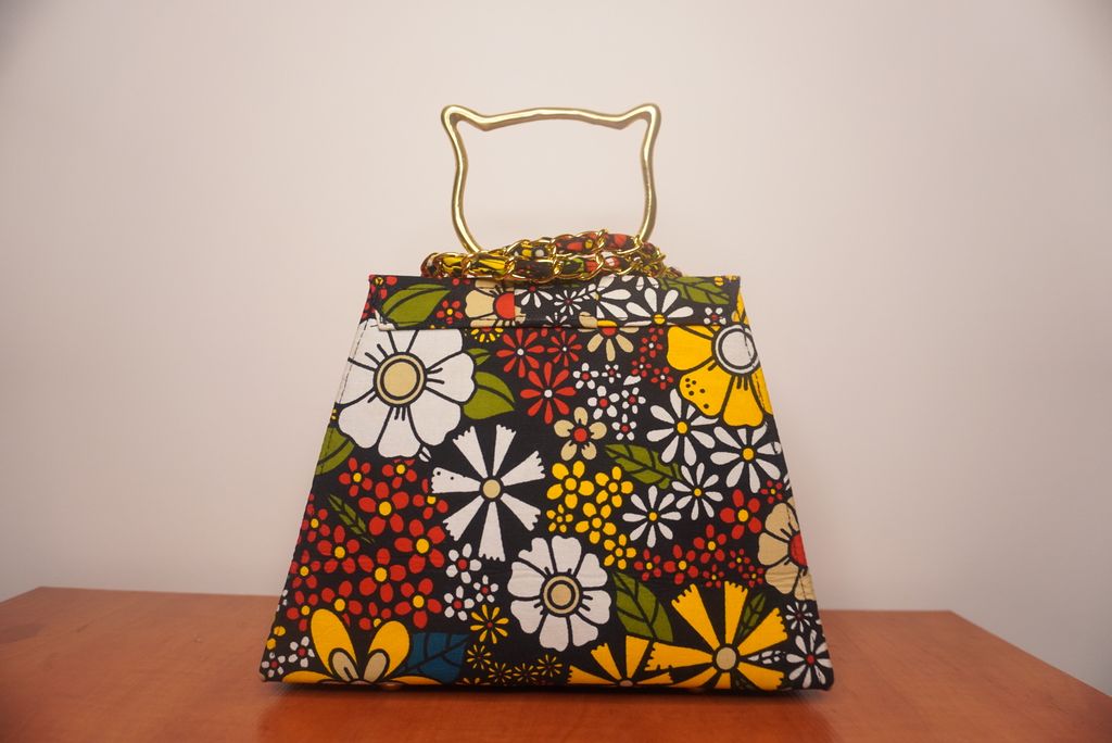 Floral Ankara Clutch with Cat Handle