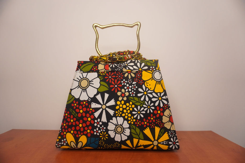 Floral Ankara Clutch with Cat Handle