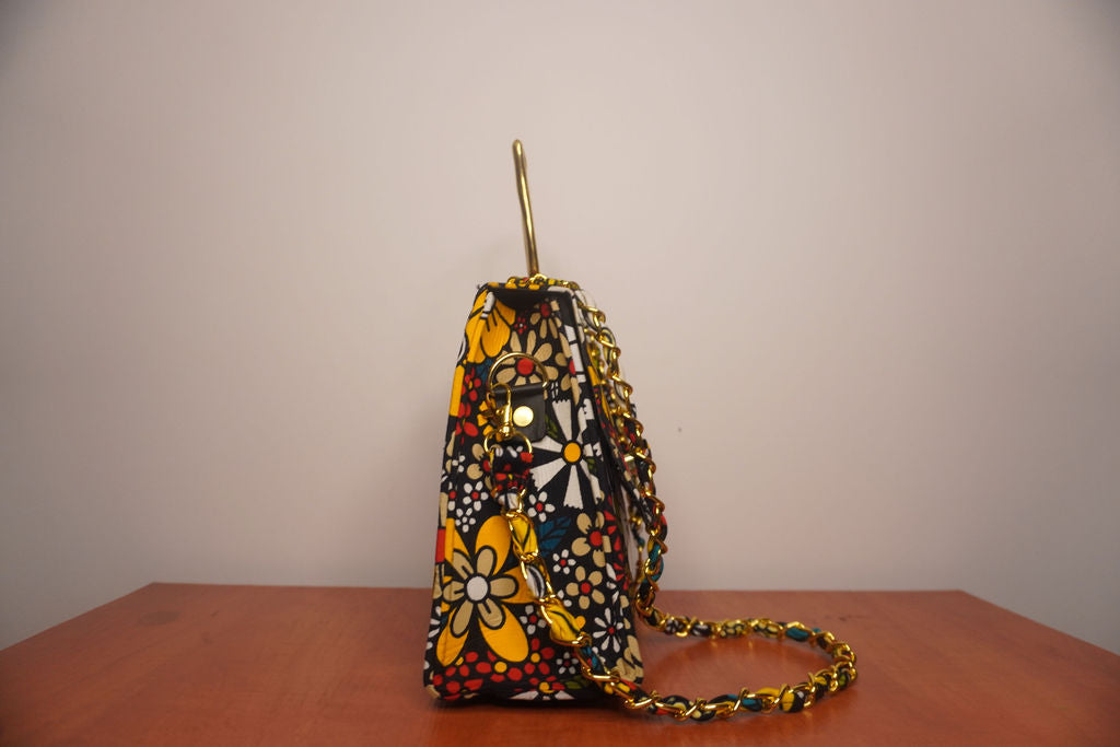 Floral Ankara Clutch with Cat Handle