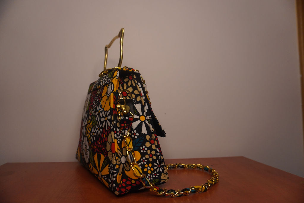 Floral Ankara Clutch with Cat Handle