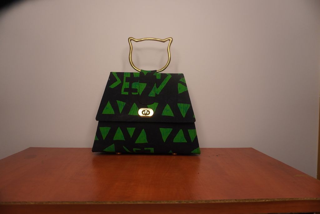 Black and Green Ankara Clutch with Cat Handle
