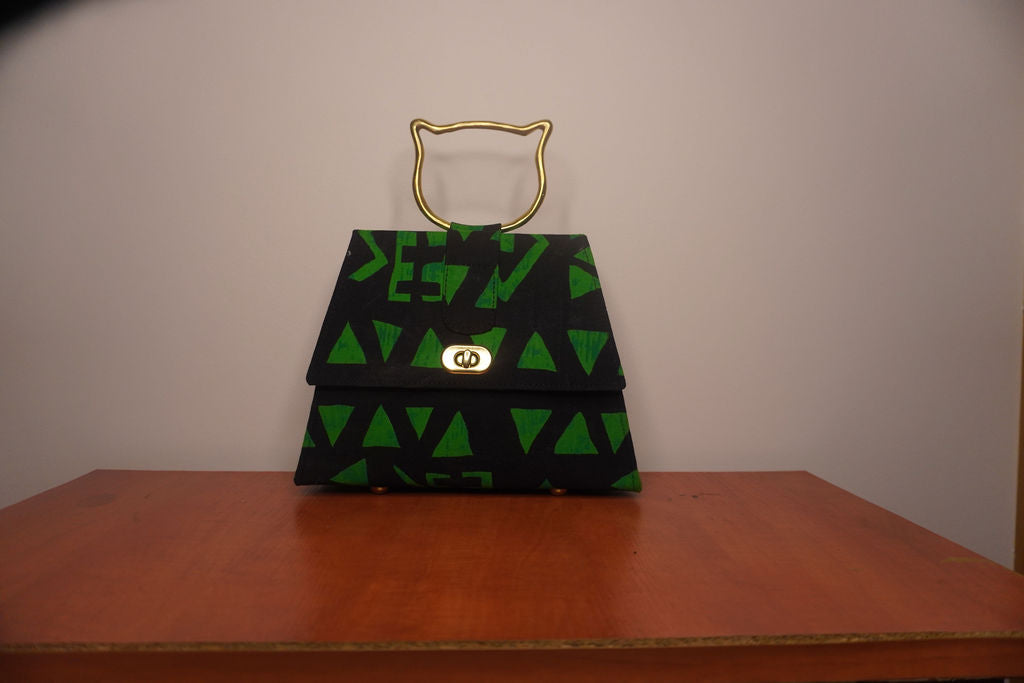 Black and Green Ankara Clutch with Cat Handle