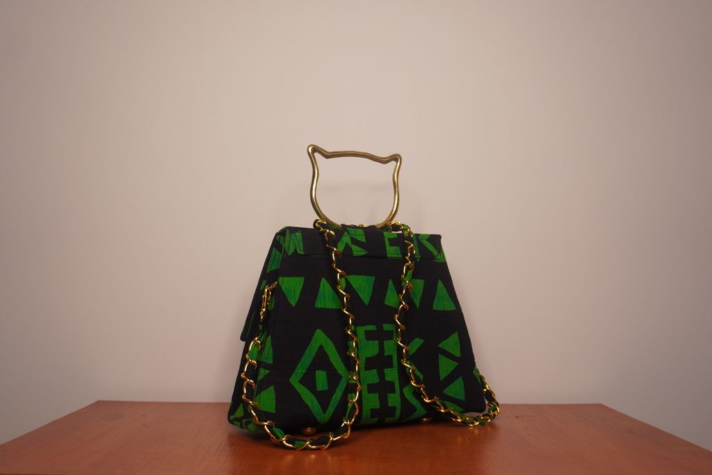 Black and Green Ankara Clutch with Cat Handle