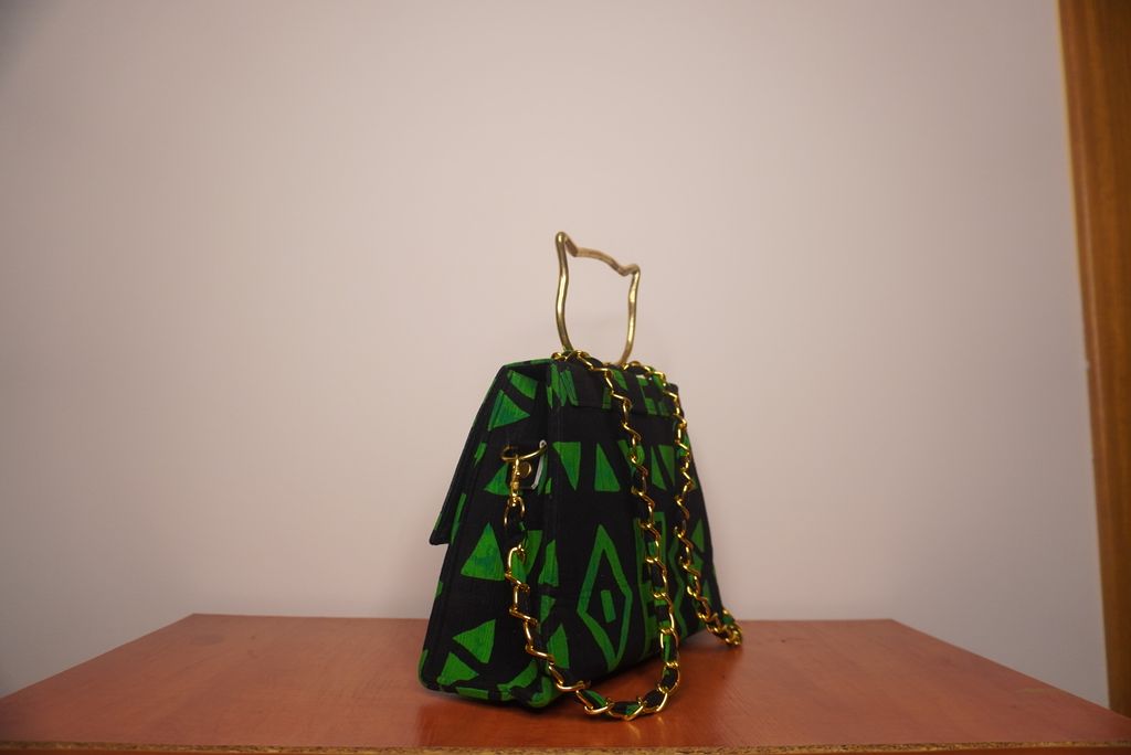 Black and Green Ankara Clutch with Cat Handle