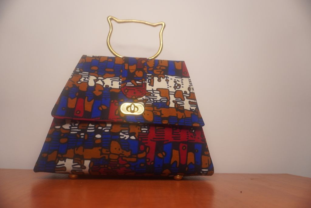 Multicolor Kente Ankara Clutch with Cat Handle